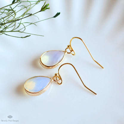 Teardrop opalite earrings, opalite dangle earrings, gold chunky huggie hoops, faceted drop earrings, Sensitive Ear & Clip-On Options
