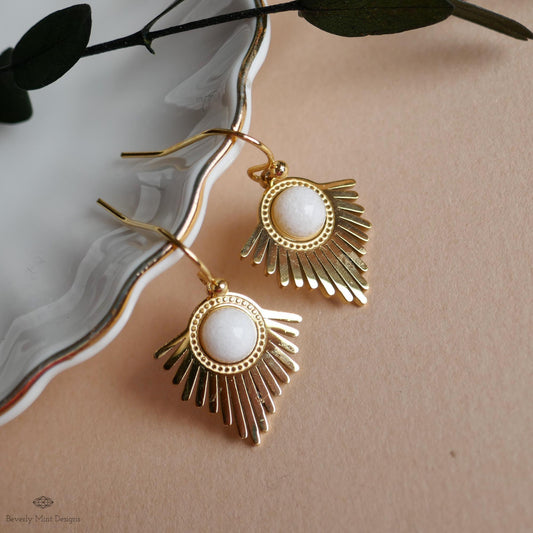 Gold Sunburst Earrings, Boho Statement Dangle Earrings, White Stone Drop Jewelry, Art Deco Fan Earrings, Sensitive Ear & Clip-On Options
