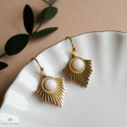 Gold Sunburst Earrings, Boho Statement Dangle Earrings, White Stone Drop Jewelry, Art Deco Fan Earrings, Sensitive Ear & Clip-On Options