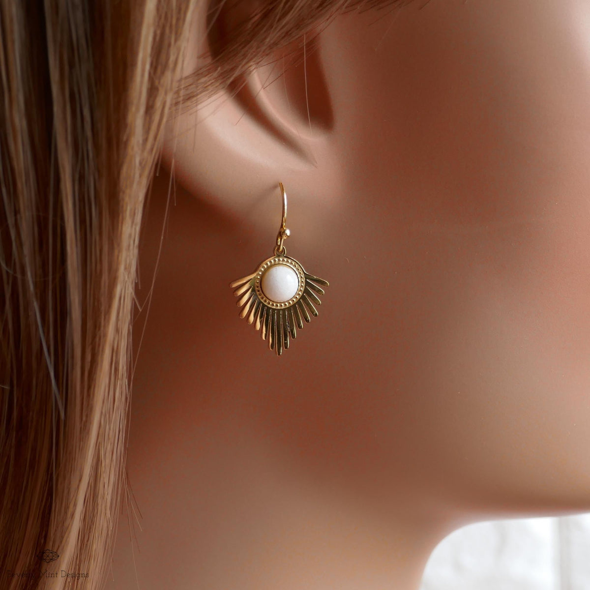 Gold Sunburst Earrings, Boho Statement Dangle Earrings, White Stone Drop Jewelry, Art Deco Fan Earrings, Sensitive Ear & Clip-On Options