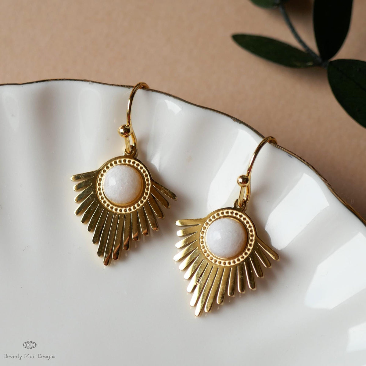 Gold Sunburst Earrings, Boho Statement Dangle Earrings, White Stone Drop Jewelry, Art Deco Fan Earrings, Sensitive Ear & Clip-On Options