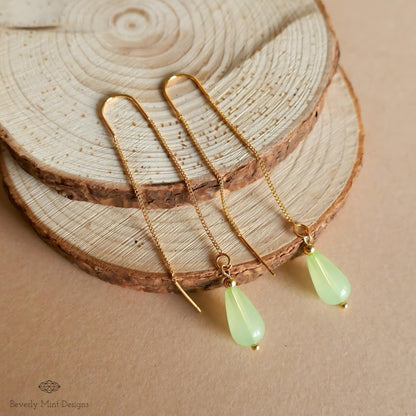18K Gold Plated Teardrop Threader Earrings, Minimalist Green Dangle Jewelry, Sensitive Ear & Clip-On Options
