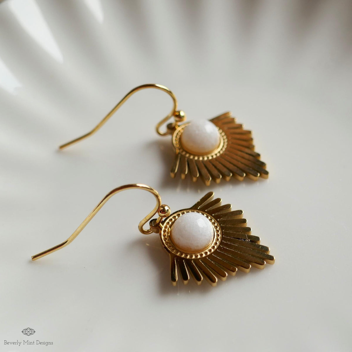 Gold Sunburst Earrings, Boho Statement Dangle Earrings, White Stone Drop Jewelry, Art Deco Fan Earrings, Sensitive Ear & Clip-On Options
