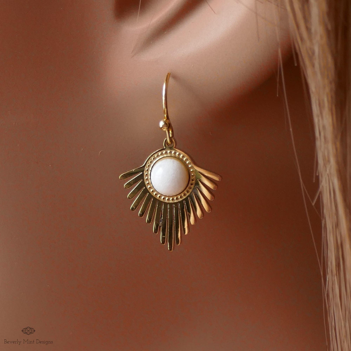 Gold Sunburst Earrings, Boho Statement Dangle Earrings, White Stone Drop Jewelry, Art Deco Fan Earrings, Sensitive Ear & Clip-On Options