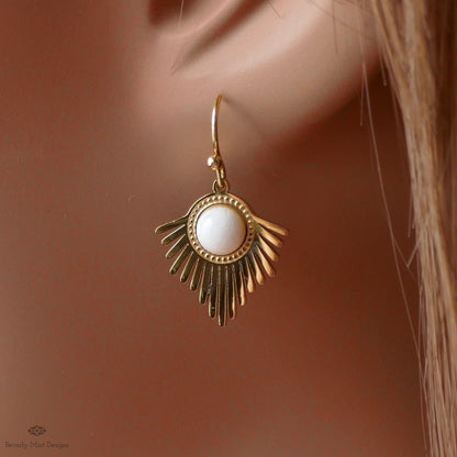 Gold Sunburst Earrings, Boho Statement Dangle Earrings, White Stone Drop Jewelry, Art Deco Fan Earrings, Sensitive Ear & Clip-On Options