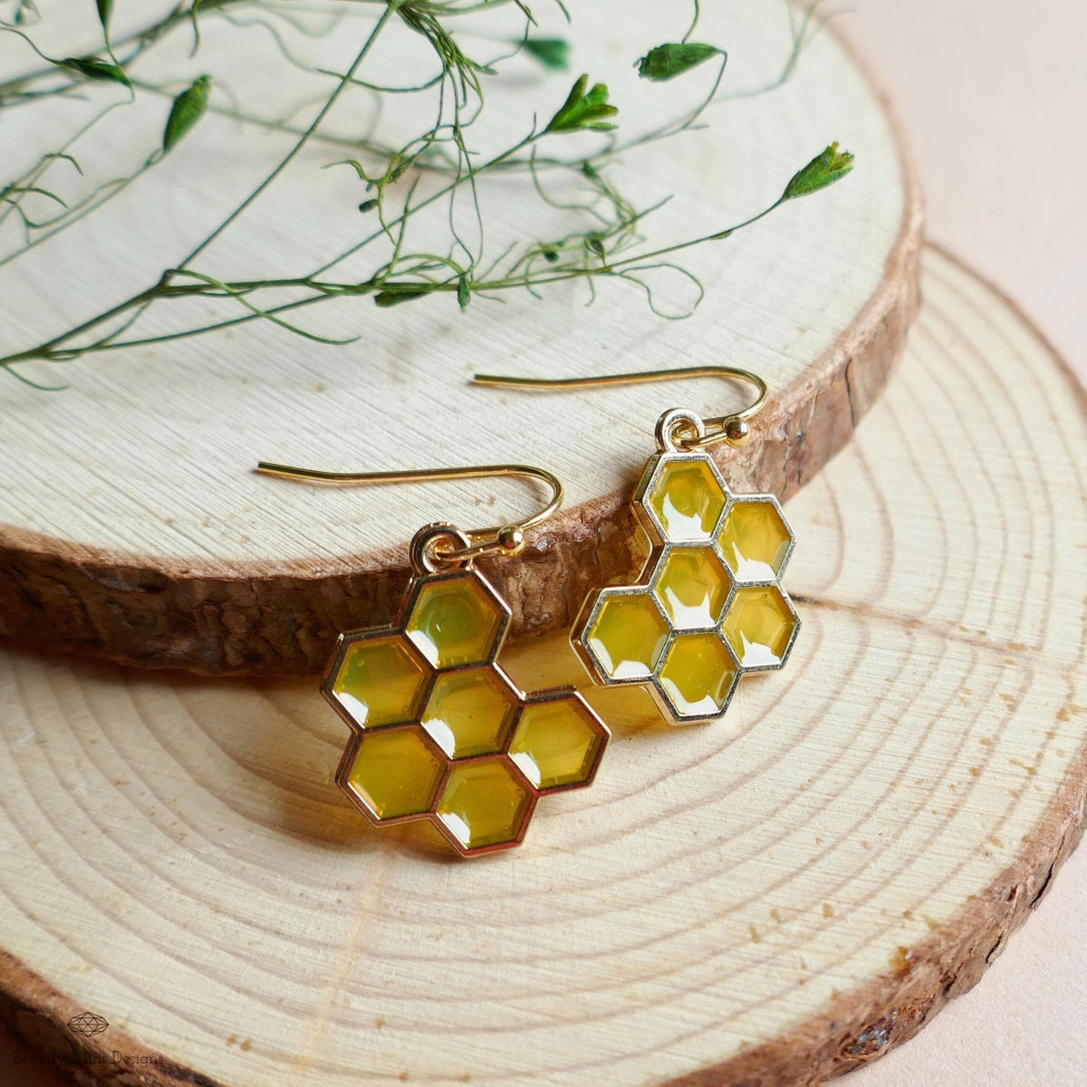 Honeycomb Earrings, Bee Inspired Jewelry, Gold Hexagon Drop Earrings, Nature Boho Dangle Earrings, Sensitive Ear & Clip-On Options