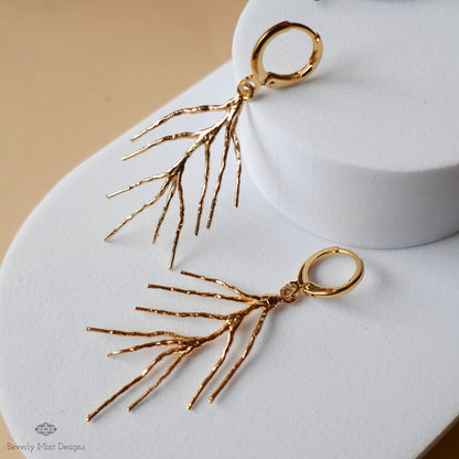Gold Branch Dangle Earrings, Long Dangle Earrings, Nature Inspired Jewelry, Minimalist Earrings, Sensitive Ear & Clip-On Options