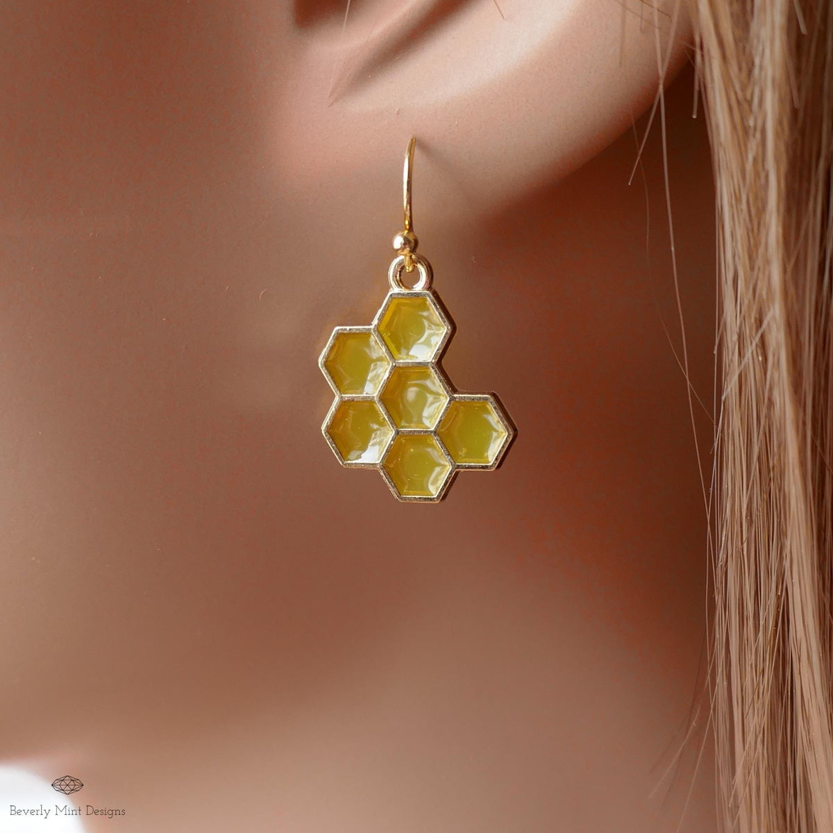 Honeycomb Earrings, Bee Inspired Jewelry, Gold Hexagon Drop Earrings, Nature Boho Dangle Earrings, Sensitive Ear & Clip-On Options