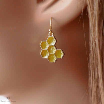 Honeycomb Earrings, Bee Inspired Jewelry, Gold Hexagon Drop Earrings, Nature Boho Dangle Earrings, Sensitive Ear & Clip-On Options