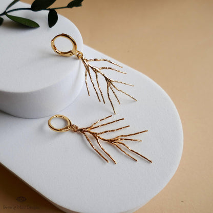 Gold Branch Dangle Earrings, Long Dangle Earrings, Nature Inspired Jewelry, Minimalist Earrings, Sensitive Ear & Clip-On Options