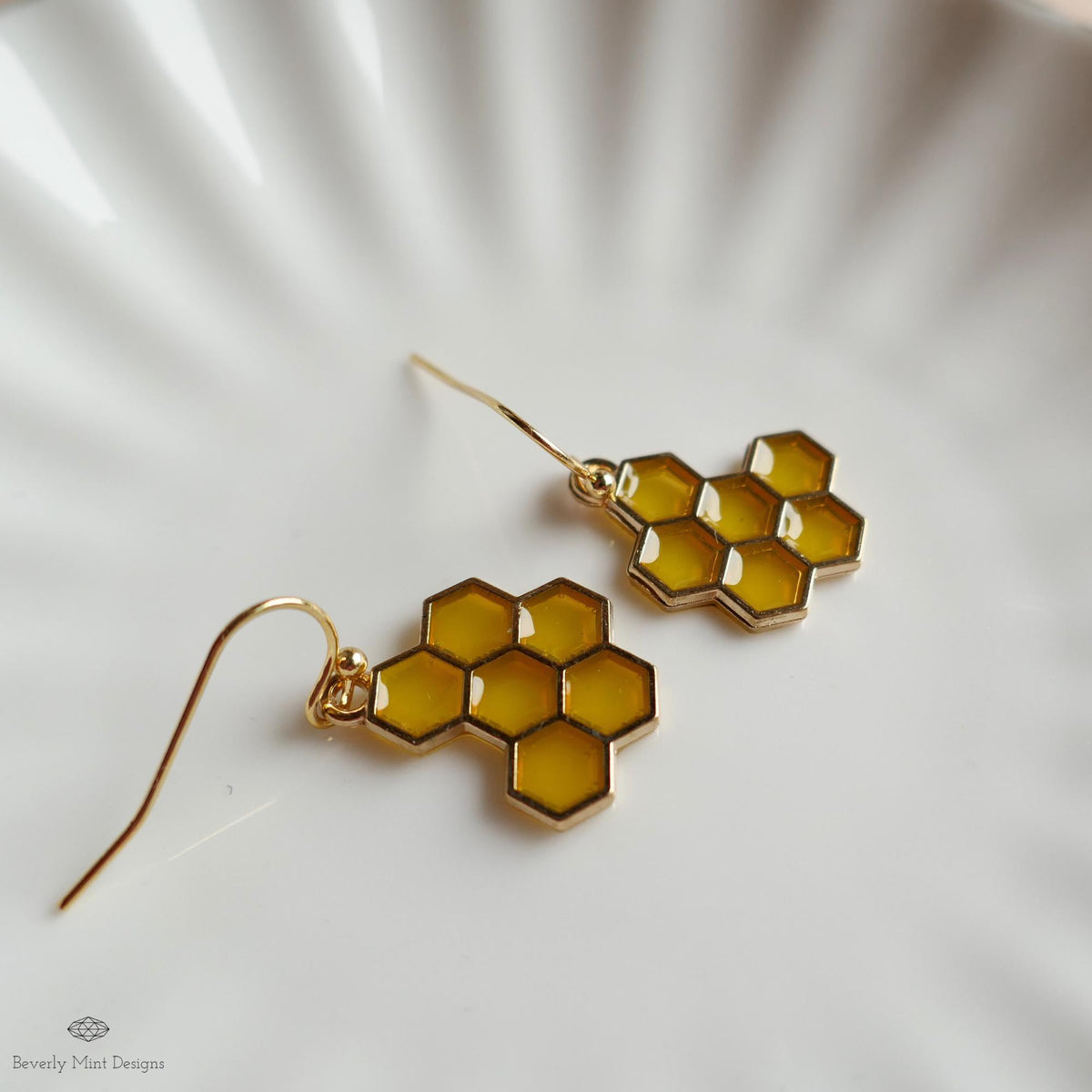 Honeycomb Earrings, Bee Inspired Jewelry, Gold Hexagon Drop Earrings, Nature Boho Dangle Earrings, Sensitive Ear & Clip-On Options
