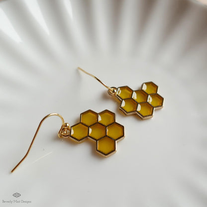 Honeycomb Earrings, Bee Inspired Jewelry, Gold Hexagon Drop Earrings, Nature Boho Dangle Earrings, Sensitive Ear & Clip-On Options