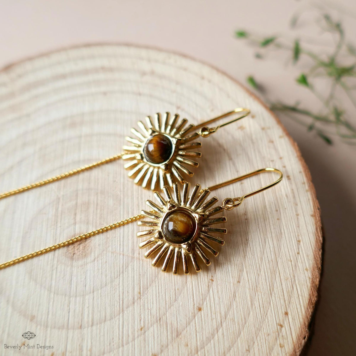 Sun Earrings, Tiger and #39;s Eye Sunburst Threader Earrings , Gold Dangle Natural Stone Jewelry, Sensitive Ear & Clip-On Options
