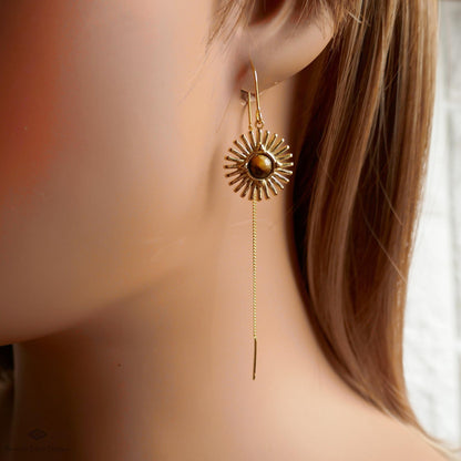 Sun Earrings, Tiger and #39;s Eye Sunburst Threader Earrings , Gold Dangle Natural Stone Jewelry, Sensitive Ear & Clip-On Options