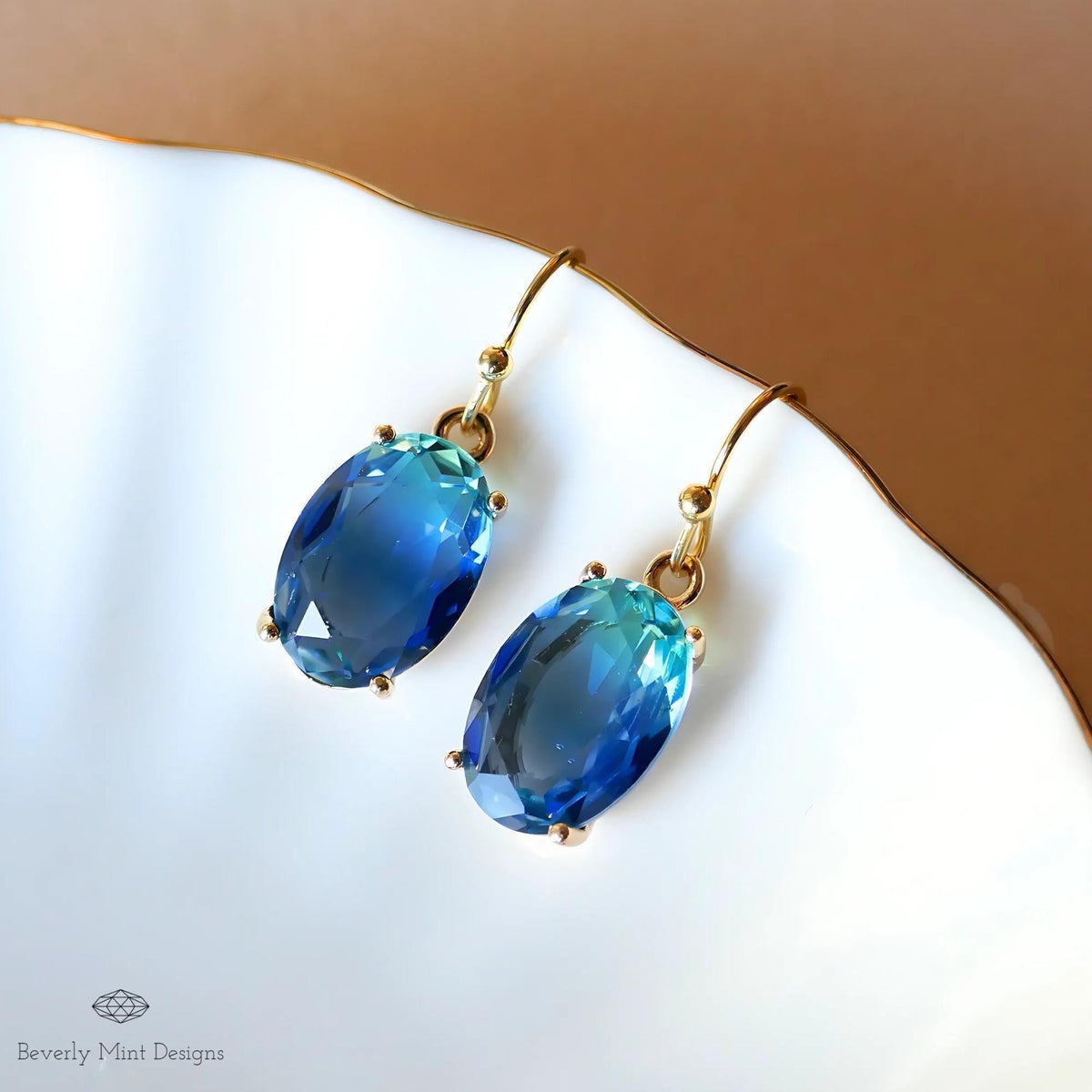 Oval Blue Crystal Drop Earrings, Blue Sapphire-Inspired Crystal Earrings, Elegant Handmade Jewelry, Sensitive Ear & Clip-On Options