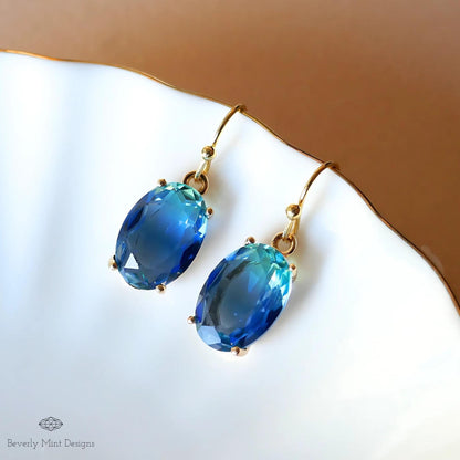 Oval Blue Crystal Drop Earrings, Blue Sapphire-Inspired Crystal Earrings, Elegant Handmade Jewelry, Sensitive Ear & Clip-On Options