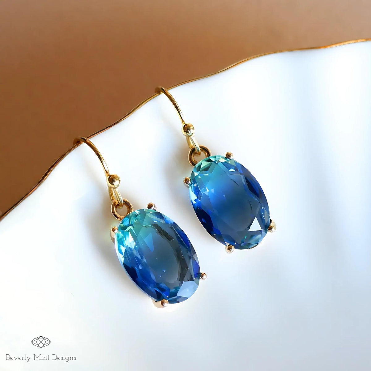 Oval Blue Crystal Drop Earrings, Blue Sapphire-Inspired Crystal Earrings, Elegant Handmade Jewelry, Sensitive Ear & Clip-On Options