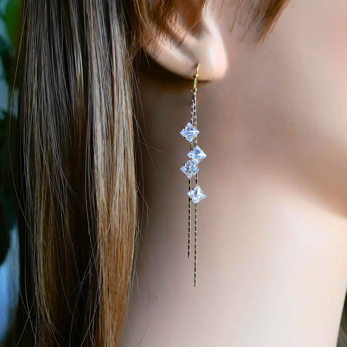 Gold Drop Earrings with Sparkling Crystals, Long Gold Dangle Earrings with Zircon, Bridesmaids Earrings, Sensitive Ear & Clip-On Options