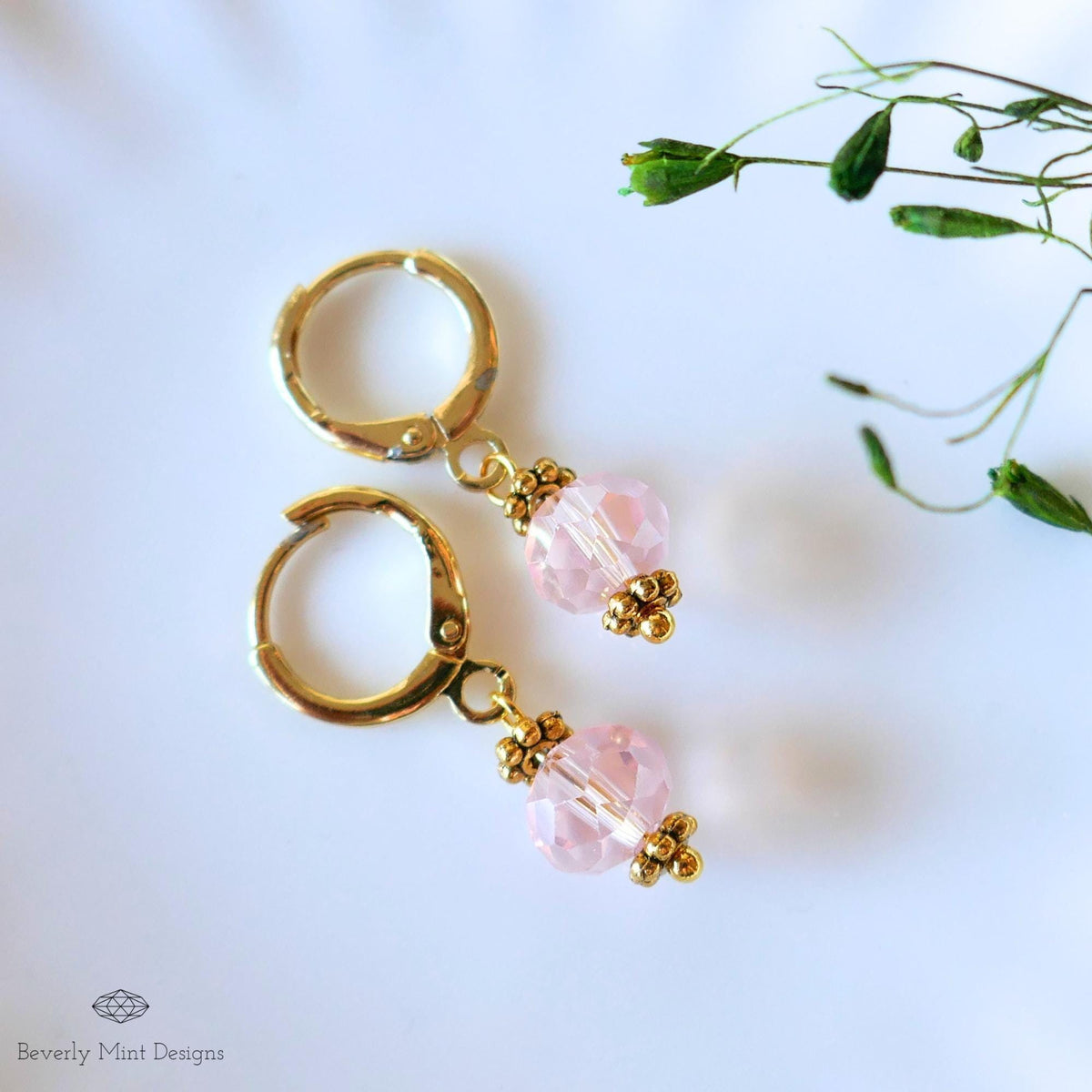 Pink Crystal Drop Earrings, Gold Plated Huggie Hoops, Dainty Pink Earrings, Light Pink Bead Hoops, Sensitive Ear & Clip-On Options