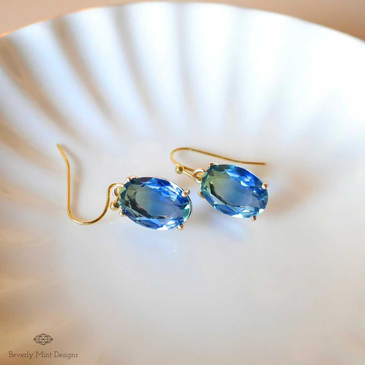 Oval Blue Crystal Drop Earrings, Blue Sapphire-Inspired Crystal Earrings, Elegant Handmade Jewelry, Sensitive Ear & Clip-On Options