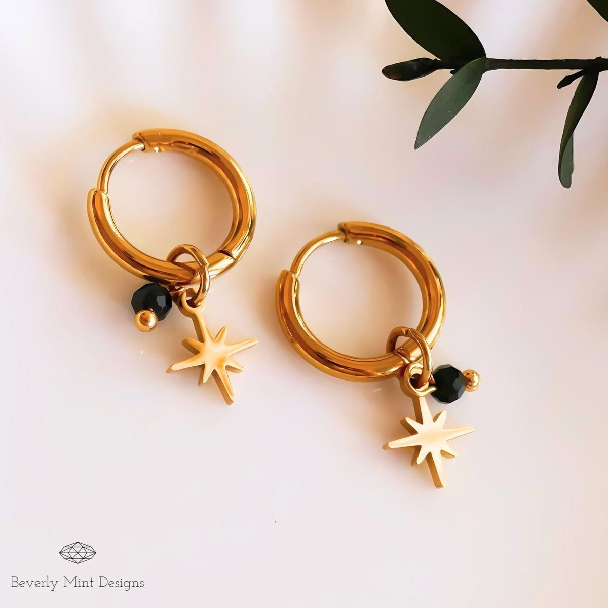 Vintage Style Hoop Earrings 18K Gold Earrings, Gold Star Charm Hoop Starburst Earrings with Black Beads Minimalist Earrings, Gift For Her
