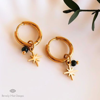 Vintage Style Hoop Earrings 18K Gold Earrings, Gold Star Charm Hoop Starburst Earrings with Black Beads Minimalist Earrings, Gift For Her