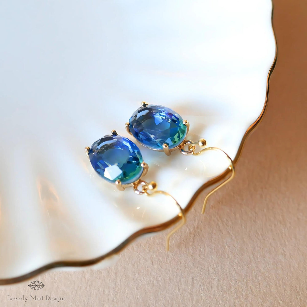 Oval Blue Crystal Drop Earrings, Blue Sapphire-Inspired Crystal Earrings, Elegant Handmade Jewelry, Sensitive Ear & Clip-On Options