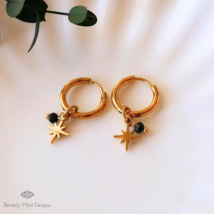 Vintage Style Hoop Earrings 18K Gold Earrings, Gold Star Charm Hoop Starburst Earrings with Black Beads Minimalist Earrings, Gift For Her
