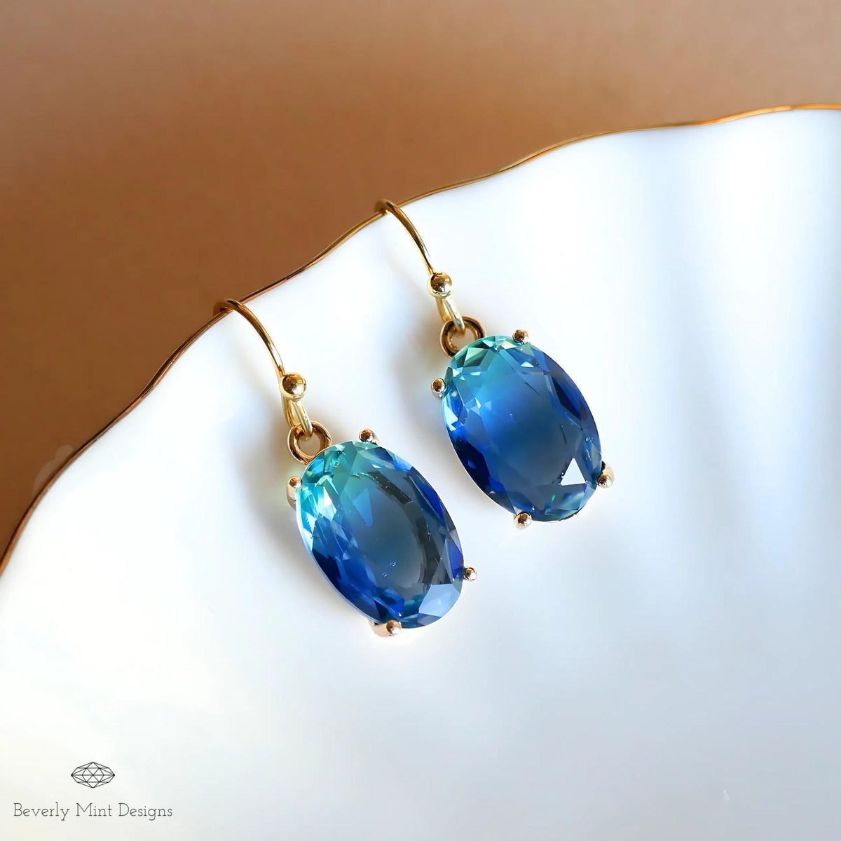 Oval Blue Crystal Drop Earrings, Blue Sapphire-Inspired Crystal Earrings, Elegant Handmade Jewelry, Sensitive Ear & Clip-On Options