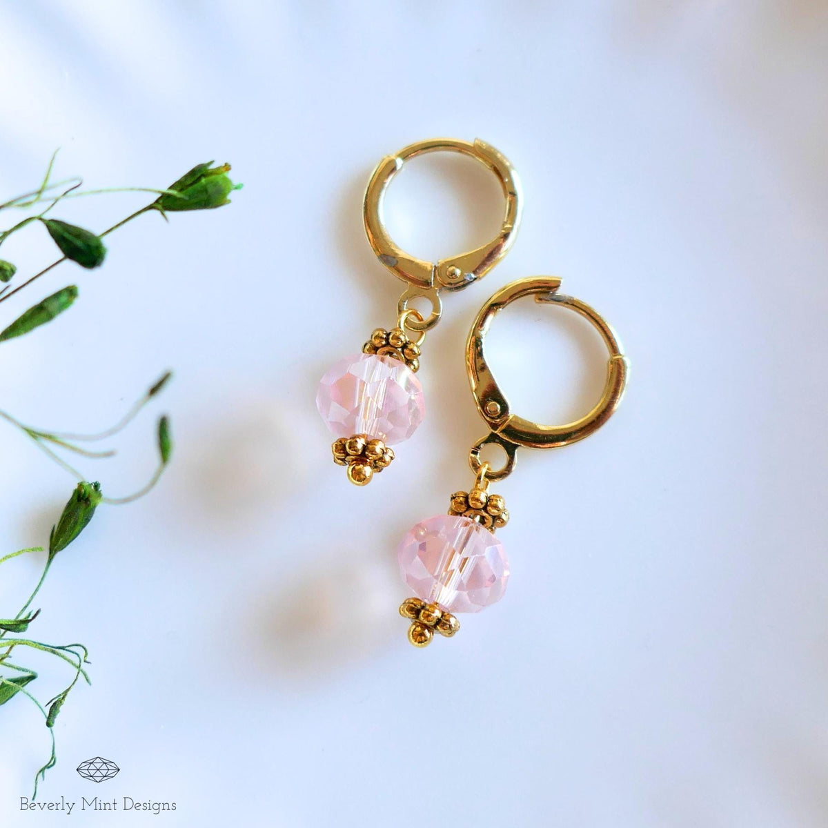 Pink Crystal Drop Earrings, Gold Plated Huggie Hoops, Dainty Pink Earrings, Light Pink Bead Hoops, Sensitive Ear & Clip-On Options