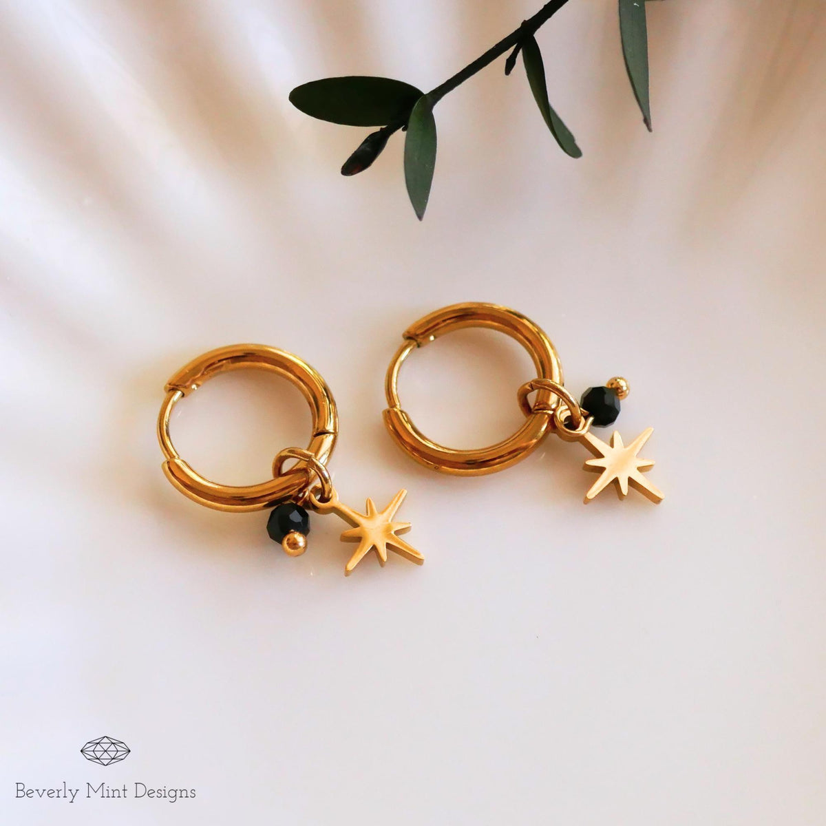 Vintage Style Hoop Earrings 18K Gold Earrings, Gold Star Charm Hoop Starburst Earrings with Black Beads Minimalist Earrings, Gift For Her