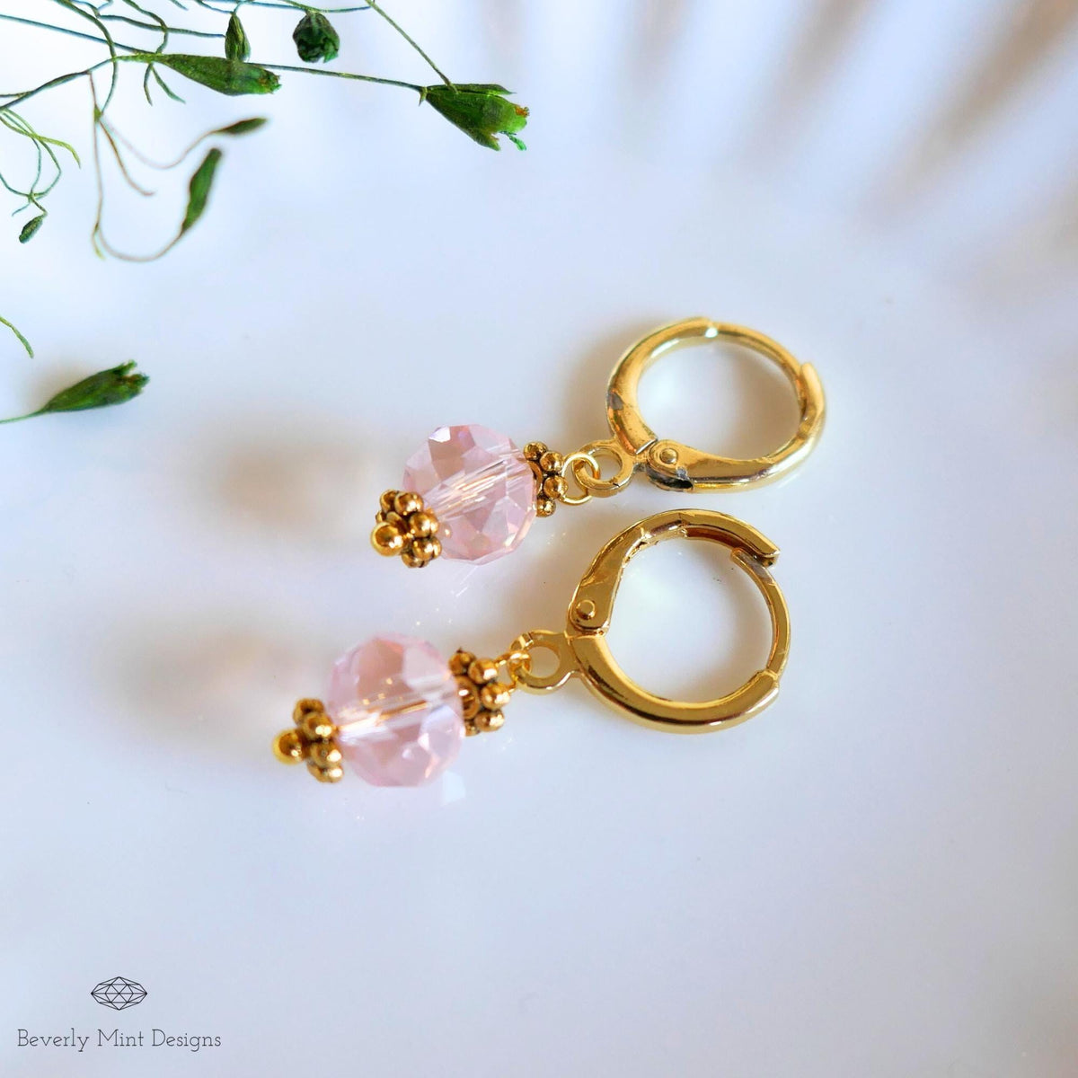 Pink Crystal Drop Earrings, Gold Plated Huggie Hoops, Dainty Pink Earrings, Light Pink Bead Hoops, Sensitive Ear & Clip-On Options