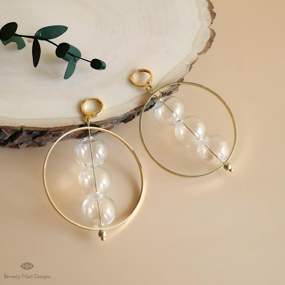 Clear Stacked Sphere Hoop Earrings with 18K Gold Hoop, Unique Glass Bubble Ball Earrings, Modern Jewelry, Sensitive Ear & Clip-On Options