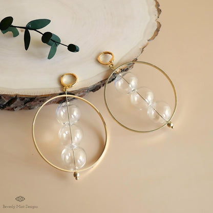 Clear Stacked Sphere Hoop Earrings with 18K Gold Hoop, Unique Glass Bubble Ball Earrings, Modern Jewelry, Sensitive Ear & Clip-On Options