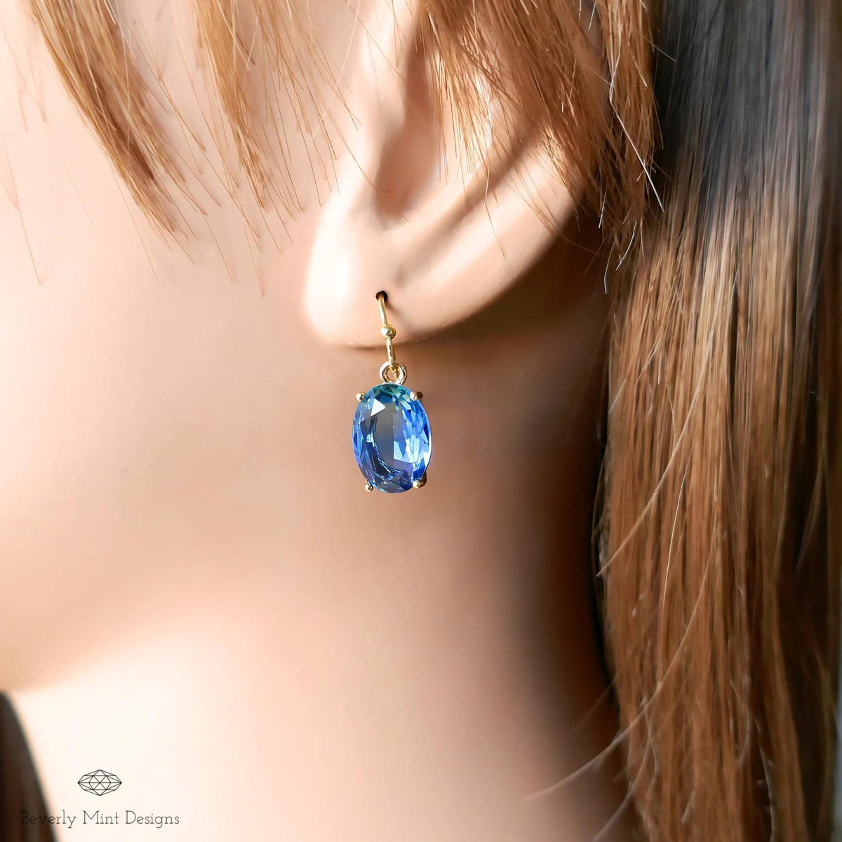 Oval Blue Crystal Drop Earrings, Blue Sapphire-Inspired Crystal Earrings, Elegant Handmade Jewelry, Sensitive Ear & Clip-On Options