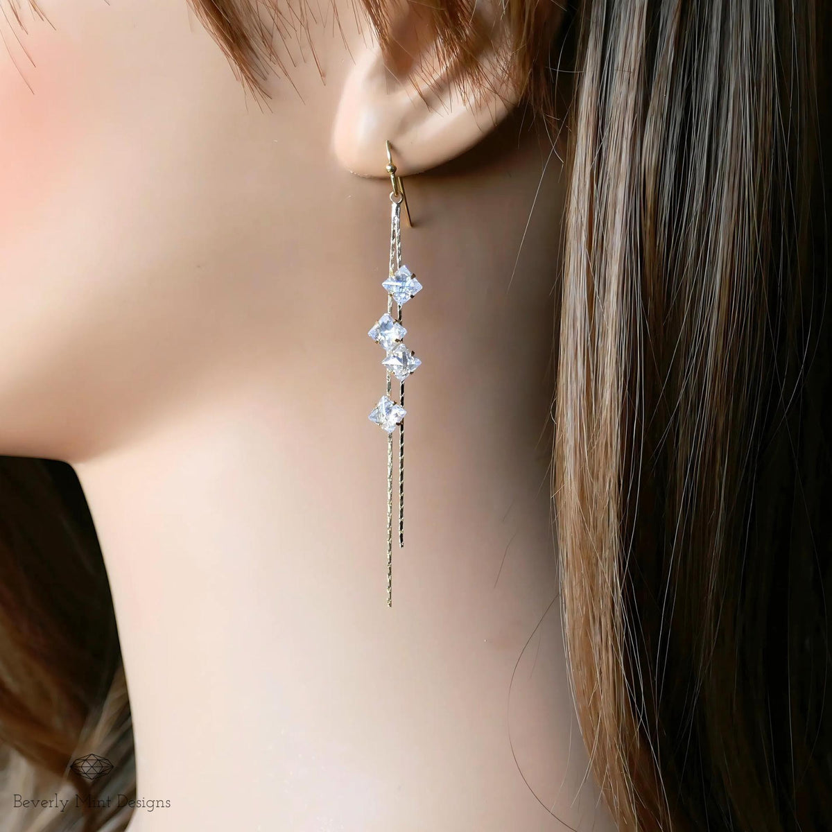 Gold Drop Earrings with Sparkling Crystals, Long Gold Dangle Earrings with Zircon, Bridesmaids Earrings, Sensitive Ear & Clip-On Options