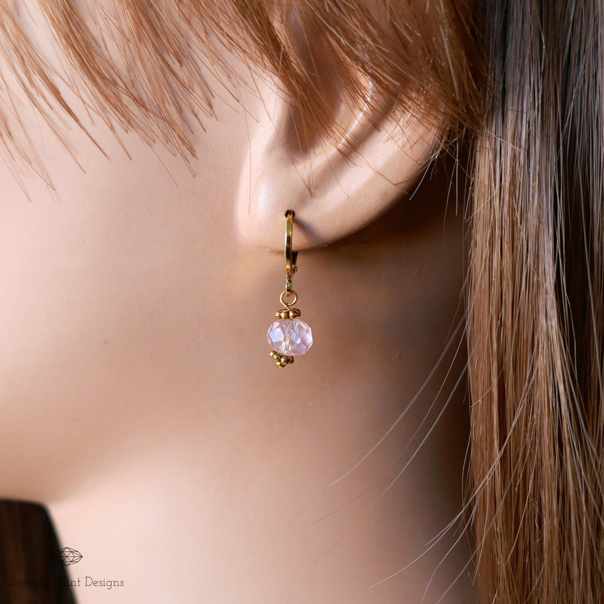 Pink Crystal Drop Earrings, Gold Plated Huggie Hoops, Dainty Pink Earrings, Light Pink Bead Hoops, Sensitive Ear & Clip-On Options