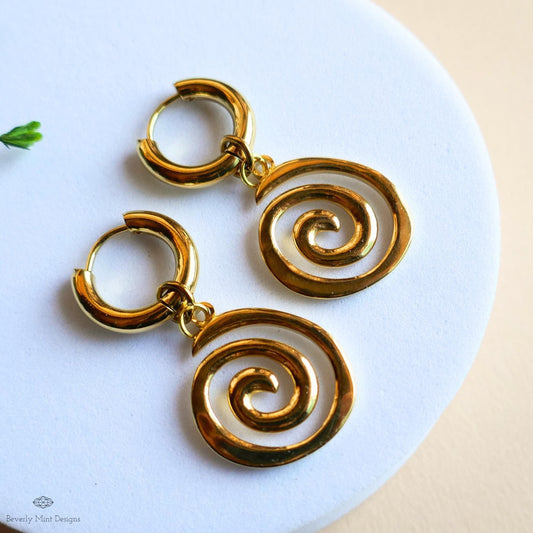 Gold Spiral Hoop Earrings, Minimalist Swirl Dangles, Boho Statement Earrings, Lightweight Gold Jewelry, , Modern Earrings