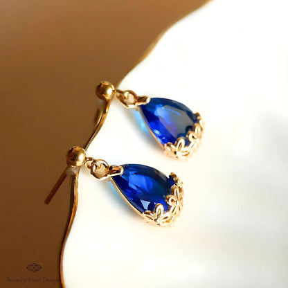 Gold Plated Blue Teardrop Earrings, Floral Crystal Studs, Minimalist Wedding Jewelry