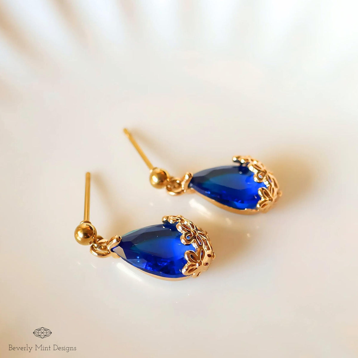 Gold Plated Blue Teardrop Earrings, Floral Crystal Studs, Minimalist Wedding Jewelry