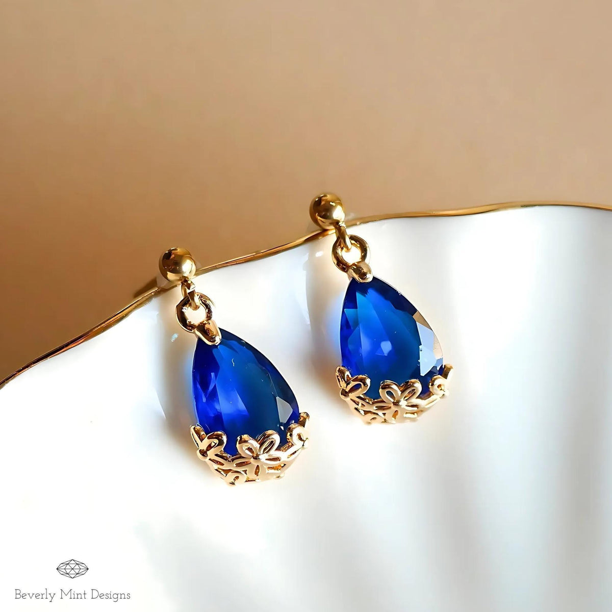 Gold Plated Blue Teardrop Earrings, Floral Crystal Studs, Minimalist Wedding Jewelry