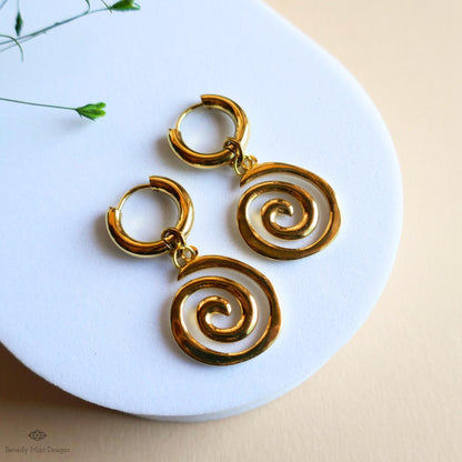 Gold Spiral Hoop Earrings, Minimalist Swirl Dangles, Boho Statement Earrings, Lightweight Gold Jewelry, , Modern Earrings