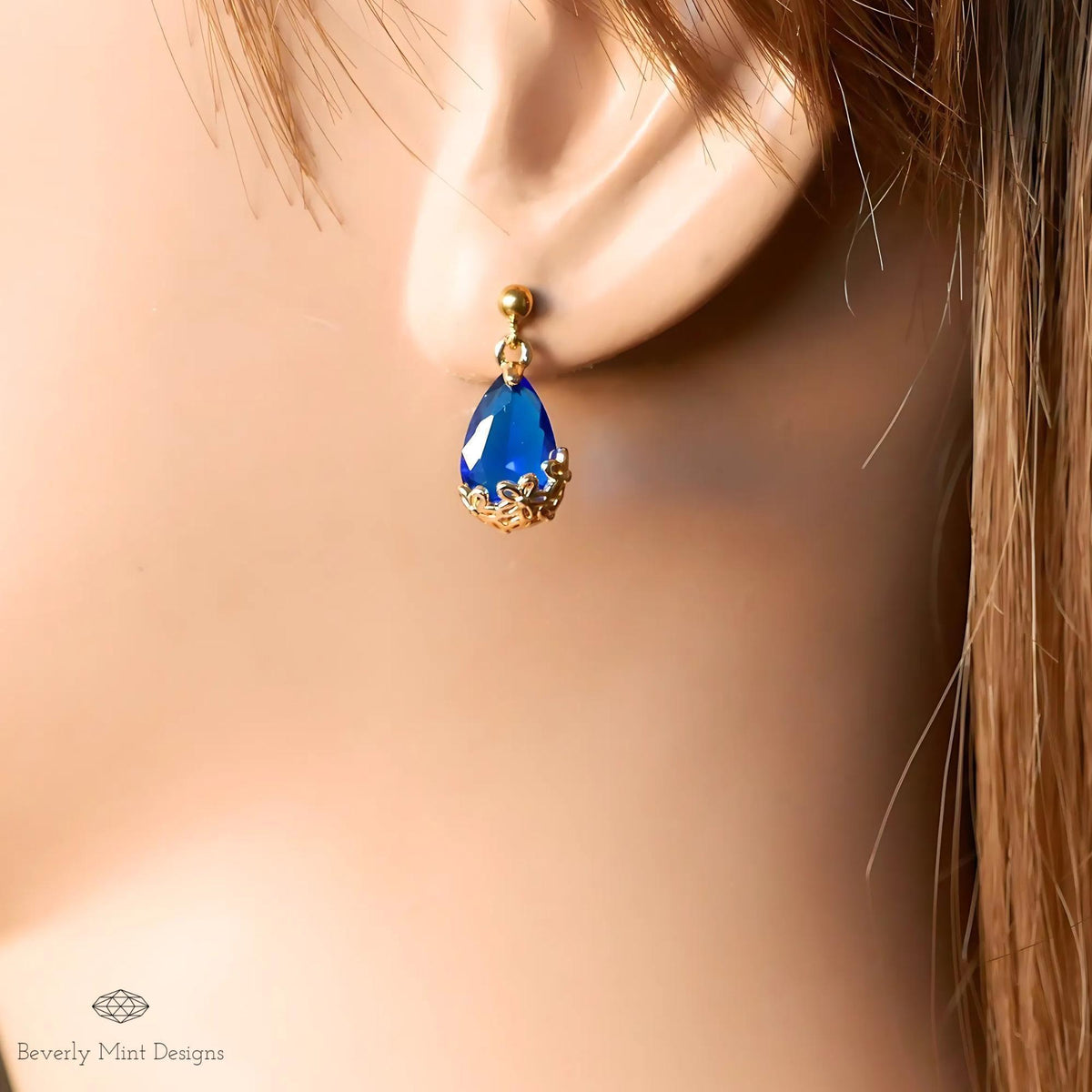 Gold Plated Blue Teardrop Earrings, Floral Crystal Studs, Minimalist Wedding Jewelry
