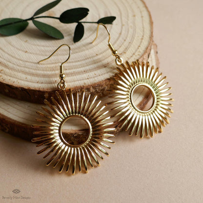 Gold Sunburst Earrings Celestial Statement Earrings Boho Dangle Jewelry Festival Style Modern Sun Charm, Sensitive Ear & Clip-On Options