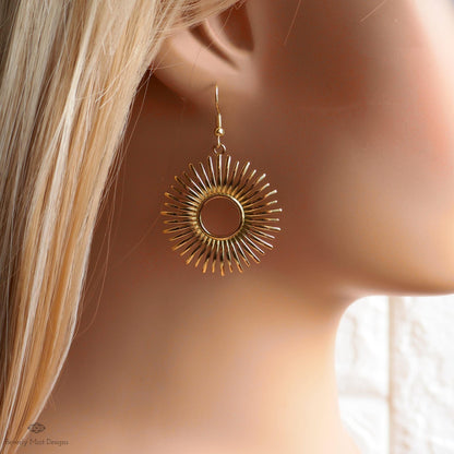 Gold Sunburst Earrings Celestial Statement Earrings Boho Dangle Jewelry Festival Style Modern Sun Charm, Sensitive Ear & Clip-On Options