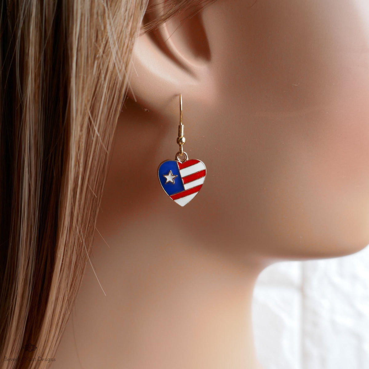 Patriotic Heart Earrings , Red White Blue American Flag Jewelry, USA 4th of July Dangle Earrings, Sensitive Ear & Clip-On Options