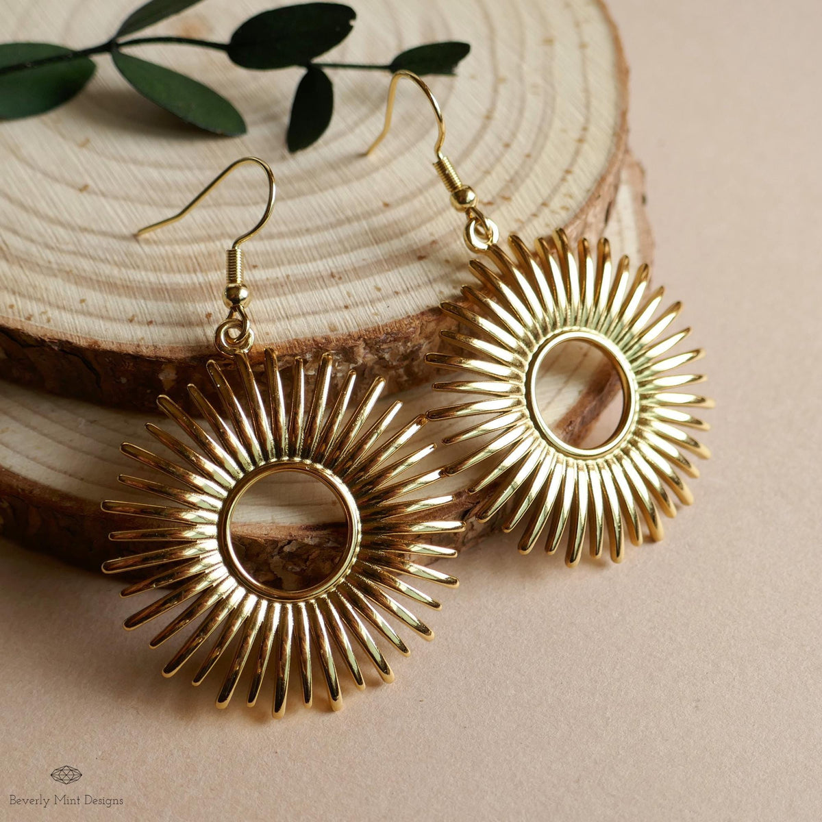 Gold Sunburst Earrings Celestial Statement Earrings Boho Dangle Jewelry Festival Style Modern Sun Charm, Sensitive Ear & Clip-On Options