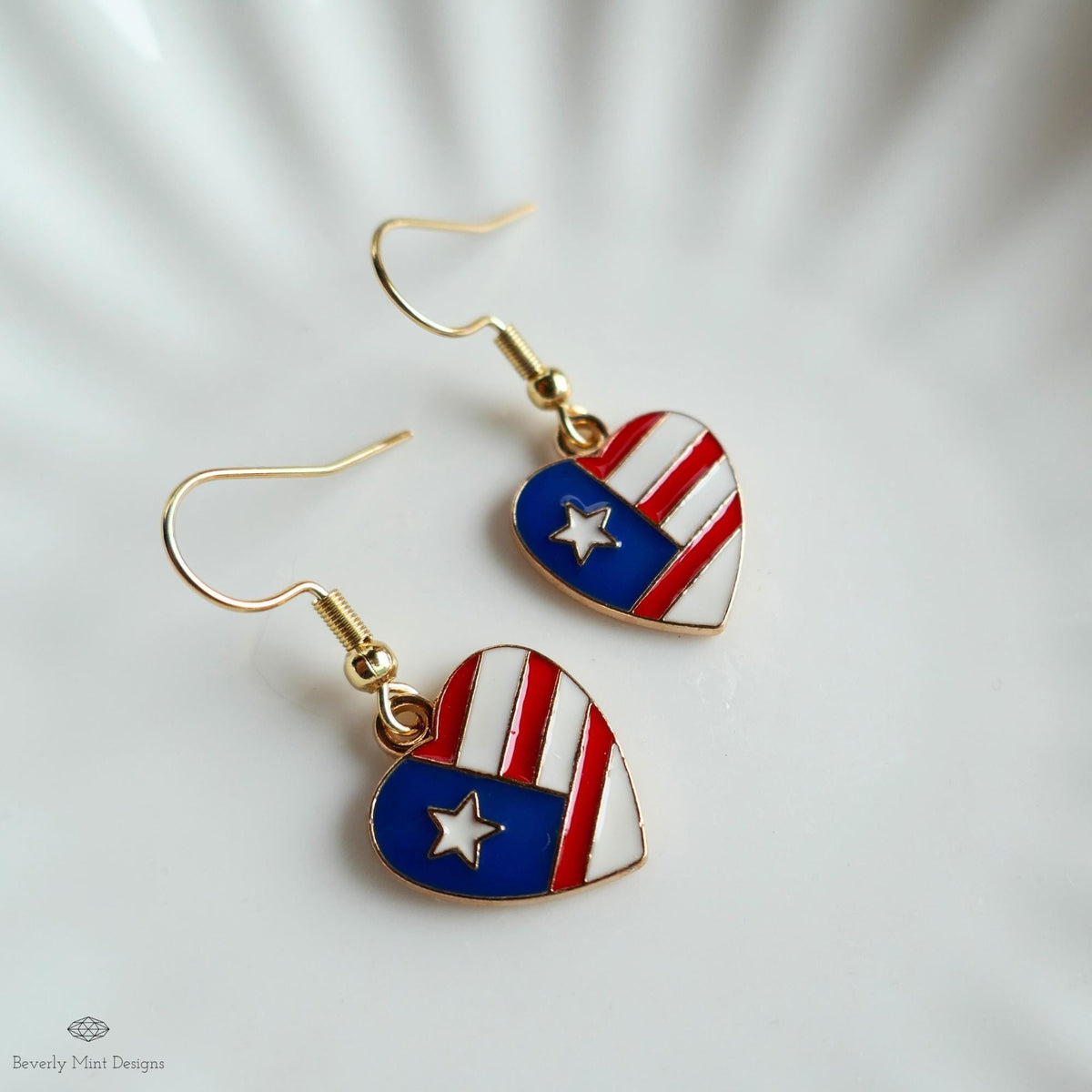 Patriotic Heart Earrings , Red White Blue American Flag Jewelry, USA 4th of July Dangle Earrings, Sensitive Ear & Clip-On Options