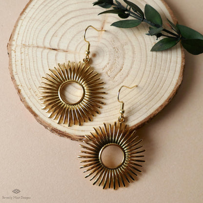 Gold Sunburst Earrings Celestial Statement Earrings Boho Dangle Jewelry Festival Style Modern Sun Charm, Sensitive Ear & Clip-On Options