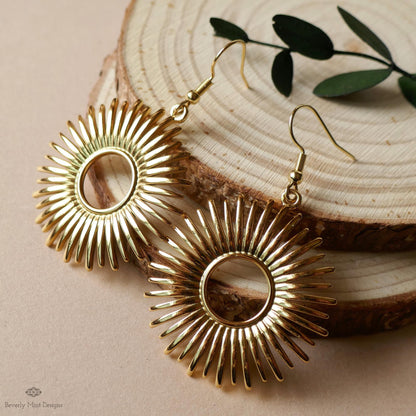 Gold Sunburst Earrings Celestial Statement Earrings Boho Dangle Jewelry Festival Style Modern Sun Charm, Sensitive Ear & Clip-On Options